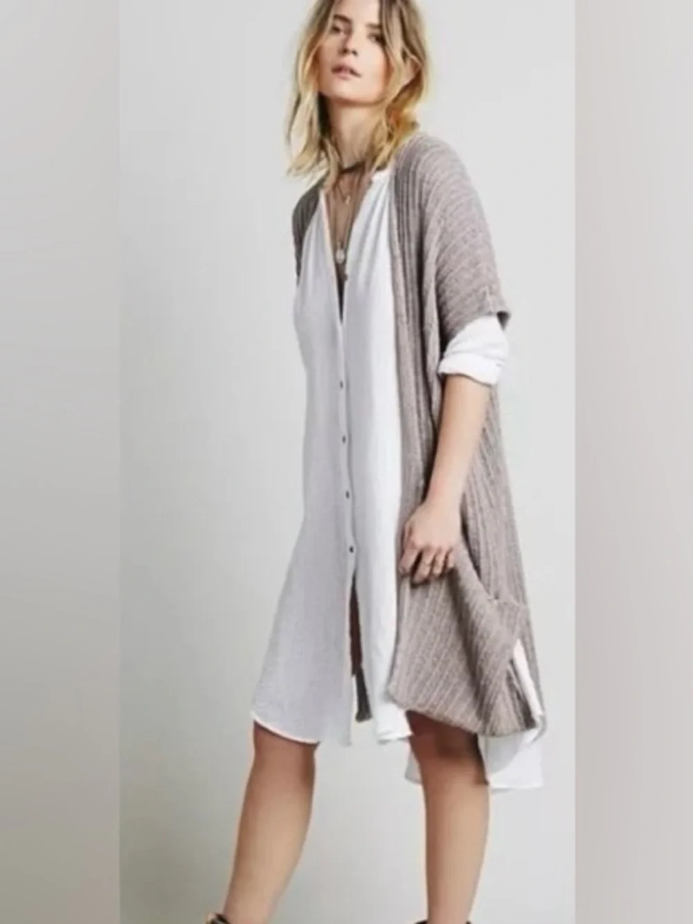Free People Sleeveless Open Vest Cardigan Sweater Patch Pockets “Sloppy-Cardi”
